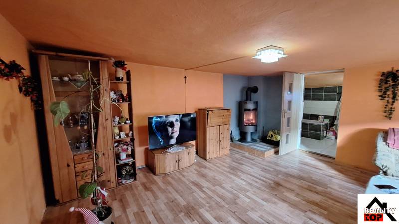 Wohnzimmer mit Holzdekorboden, Kamin und Fernseher in einem Einfamilienhaus.