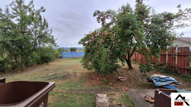 Ein Einfamilienhaus in Zacharovce mit Obstbäumen im Garten und einem Holzzaun.