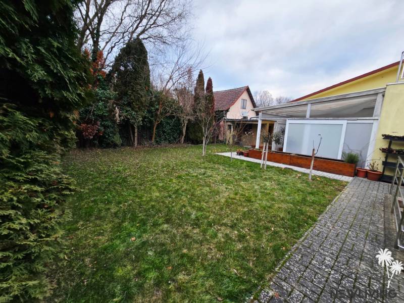 Der Garten beim Haus in der Lesná-Straße in Banka mit Rasen und Terrasse.