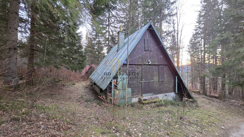 Eine Hütte im Wald in der Straße Krpáčovo in Krpáčovo mit einem schrägen Blechdach.