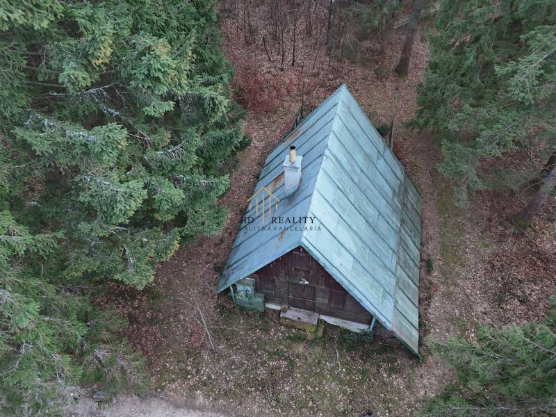 Eine Hütte im Wald in Krpáčovo, umgeben von dichtem Baumbestand, in der Straße Krpáčovo.