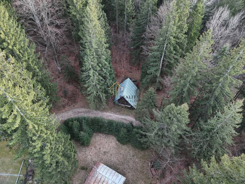 Luftaufnahme einer Hütte, umgeben von einem Nadelwald in Krpáčovo, in Krpáčovo.