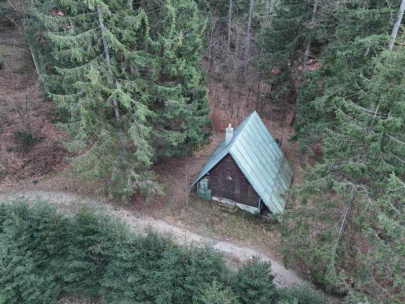 Eine Hütte mitten im Wald in Krpáčovo in Krpáčovo, umgeben von dichten Bäumen.