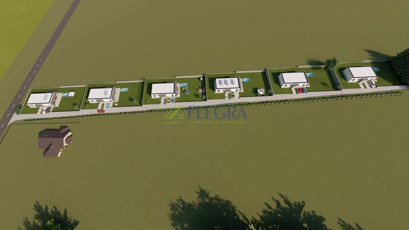 Visualisierung von Wohnbaugrundstücken in der Lomnická-Straße, Vranov nad Topľou, mit Gartenelementen.