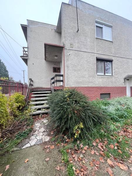 Ein Einfamilienhaus in Dlhá nad Váhom mit einem Ziegelsockel, einer Treppe und einem gepflegten Garten.