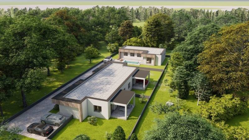 Einfamilienhäuser in Žihárec, umgeben von grünen Bäumen, mit Schwimmbad und Zufahrtsstraße.