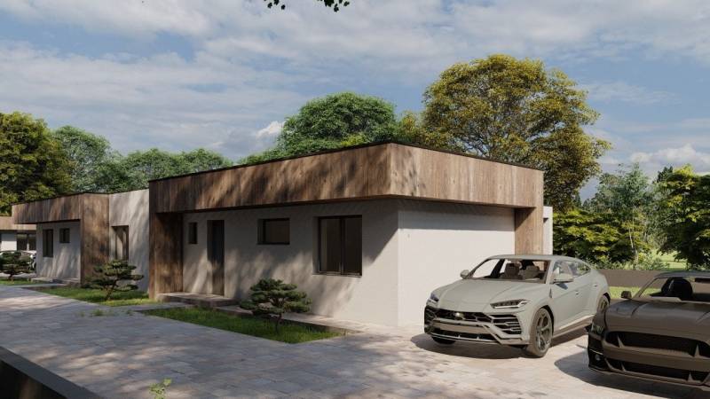 Ein Einfamilienhaus in Žihárec, moderne Autos, ein gepflegter Garten, klarer Himmel und Bäume im Hintergrund.