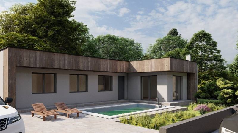 Ein Einfamilienhaus in Žihárec mit Pool, Terrasse, Liegestühlen und umliegendem Grün.