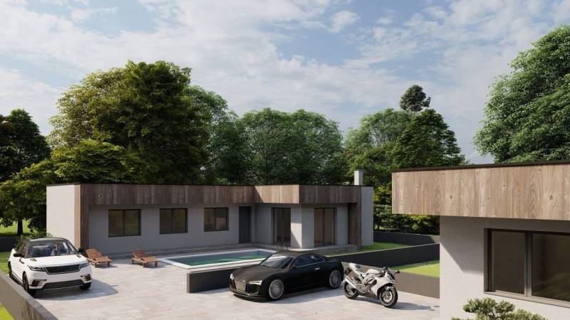 Ein Einfamilienhaus in Žihárec mit einem Pool, zwei Autos und einem Motorrad auf dem gepflasterten Hof.