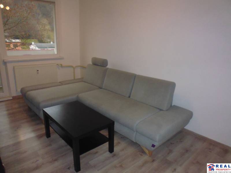 Wohnzimmer in einer Zweizimmerwohnung mit grauem Sofa und Holzboden.