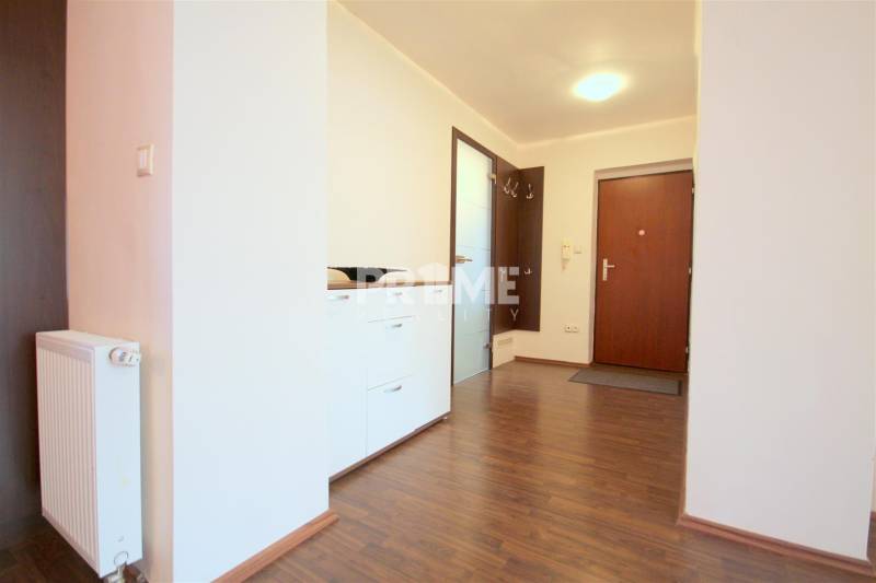 Eingangsbereich in einer 2-Zimmer-Wohnung mit Holzboden, weißer Kommode und Wandhaken.