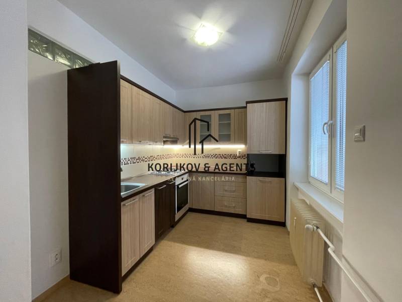 Küche in einer 2-Zimmer-Wohnung mit Küchenzeile und Boden in Holzoptik.