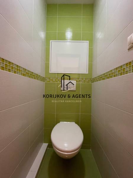 Toalette in einer 2-Zimmer-Wohnung mit weißen und grünen Fliesen.