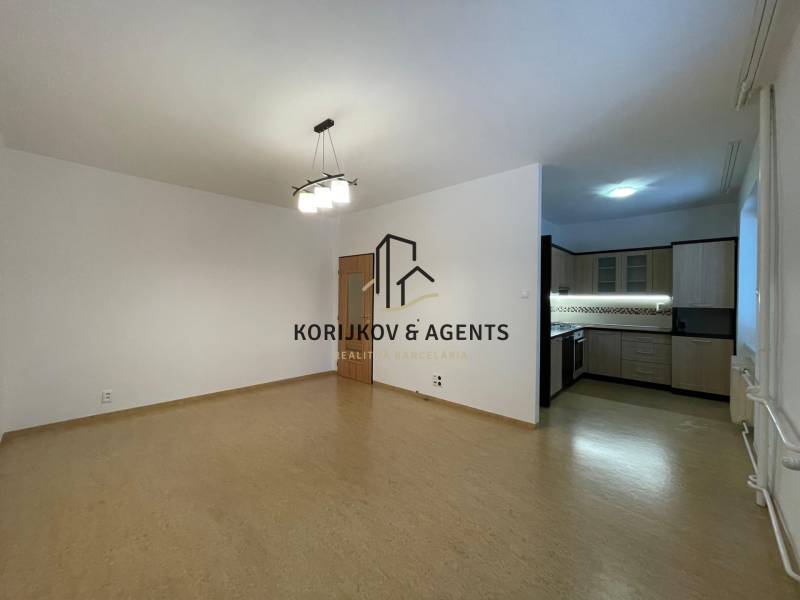 Wohnzimmer einer Zweizimmerwohnung mit Holzboden und offener Küche.