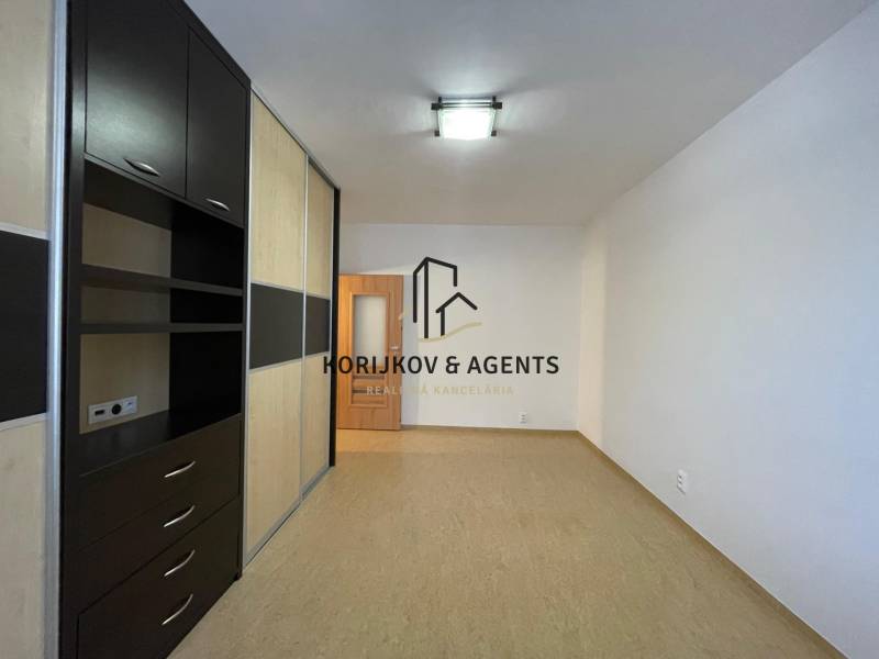 Ein Zimmer mit Stauraum und einem Boden in Holzoptik in einer 2-Zimmer-Wohnung.