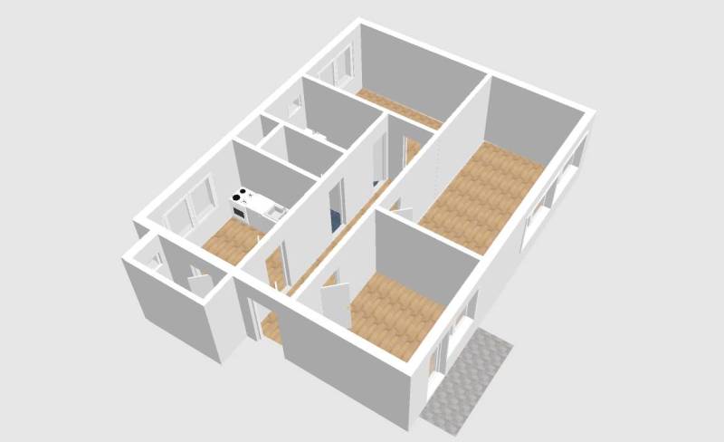 3D Grundriss einer 3-Zimmer-Wohnung mit Holzboden.