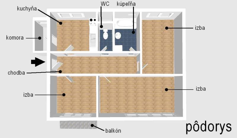 Grundriss einer 3-Zimmer-Wohnung mit Holzboden, Küche und Balkon.