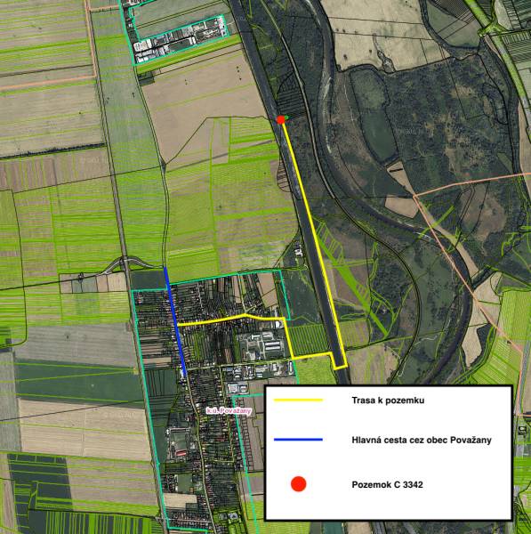 Flugkarte, die den Weg zum Grundstück C 3342 im Erholungsgebiet bei Nová Ves nad Váhom zeigt.