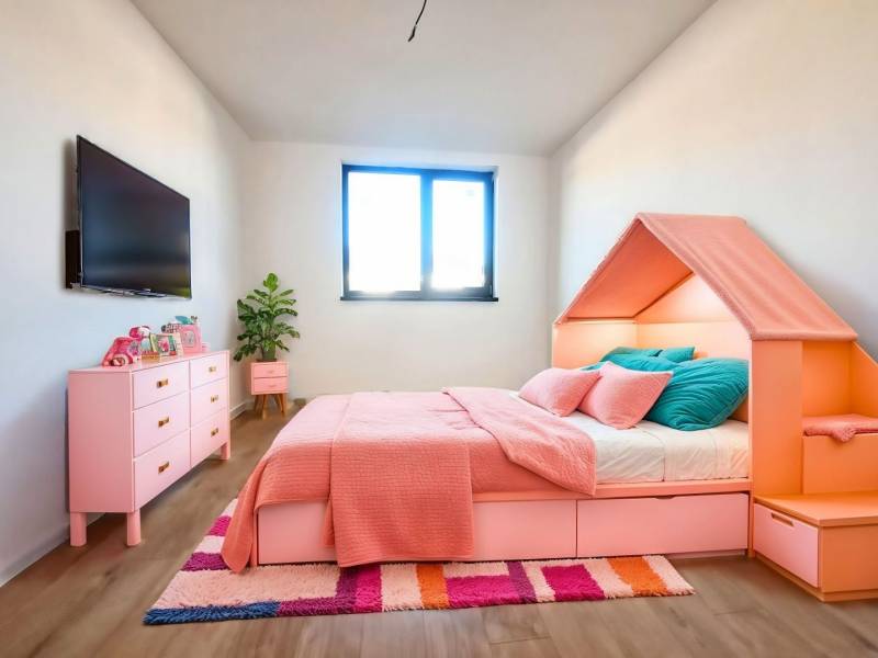 Helles Kinderzimmer in einem Einfamilienhaus mit rosa Möbeln und einem Boden in Holzoptik.