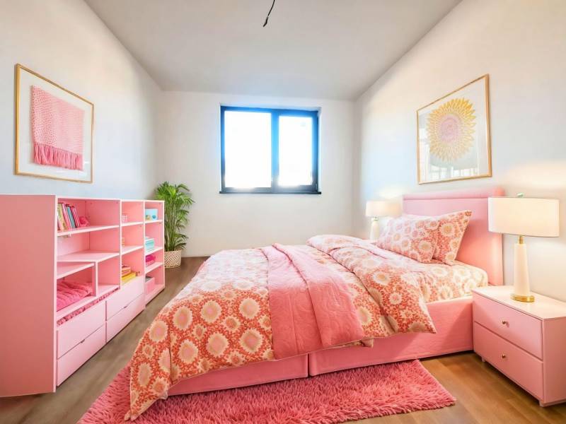 Ein rosa Schlafzimmer in einem Einfamilienhaus mit Holzboden, Kleiderschrank und Pflanze.