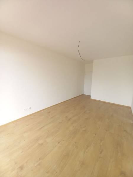 Ein Zimmer in einem Einfamilienhaus mit einem Boden in Holzoptik und weißen Wänden.