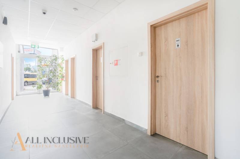 Der Flur in den Büros in der Vajanského-Straße in Galanta mit Holztüren und einer Pflanze.