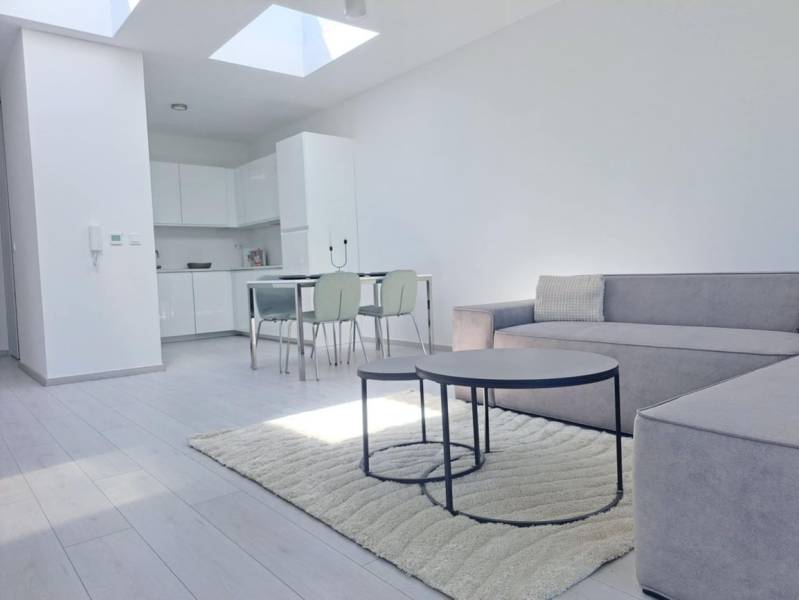 Helles Wohnzimmer mit Küche, Sofa und Holzboden in einer 2-Zimmer-Wohnung.