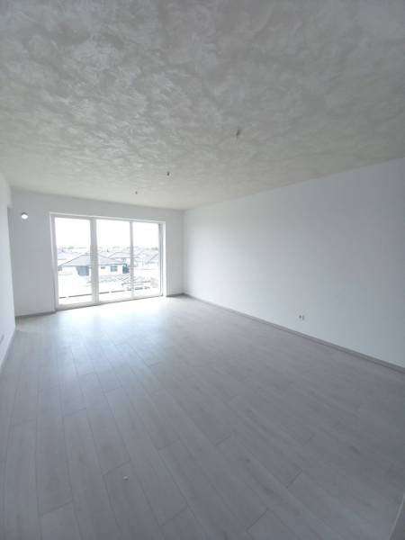 Ein heller Raum mit Holzboden und großen Fenstern in einer 2-Zimmer-Wohnung.