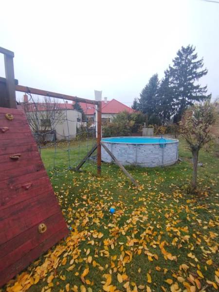 Gartenanlage in Dunajská Streda mit Pool und Kletterwand bei einem Einfamilienhaus.