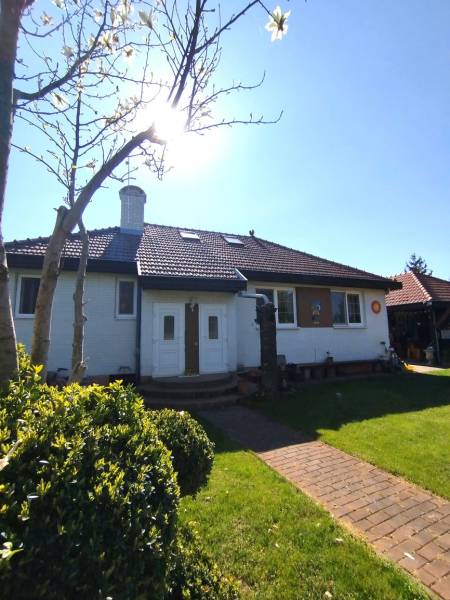 Einfamilienhaus in Šaľa mit Garten, Ziegelweg, Baum und Sträucher vor dem Eingang.