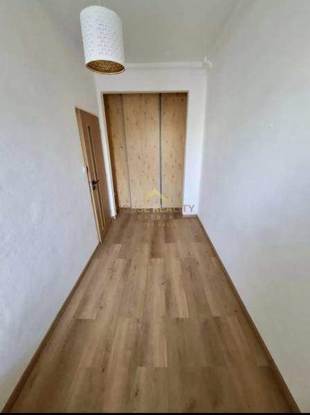 Flur in einer 4-Zimmer-Wohnung mit Holzboden und Einbauschrank.