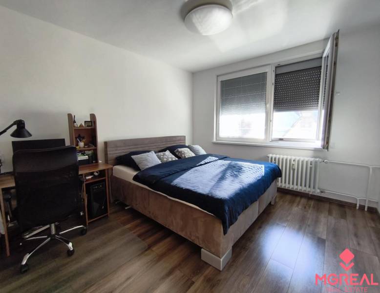 Schlafzimmer mit Holzboden, Schreibtisch und Bett in einer Einzimmerwohnung.