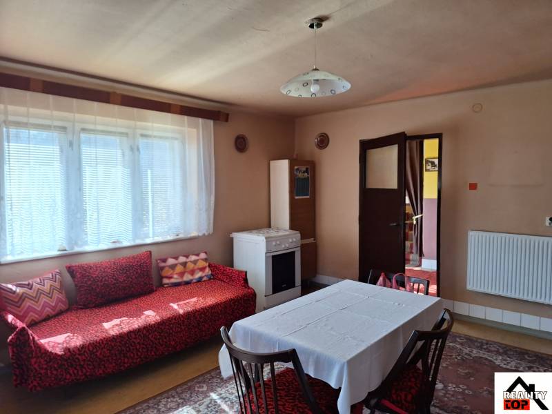 Innenraum eines Einfamilienhauses mit Sofa, Esstisch und Herd.