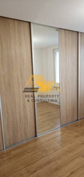 Einbauschrank mit Spiegel und Boden in Holzoptik in einer 2-Zimmer-Wohnung.