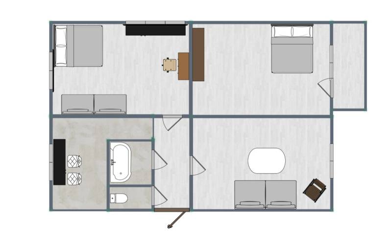 Grundriss einer 3-Zimmer-Wohnung: zwei Schlafzimmer, Wohnzimmer, Küche und Badezimmer.