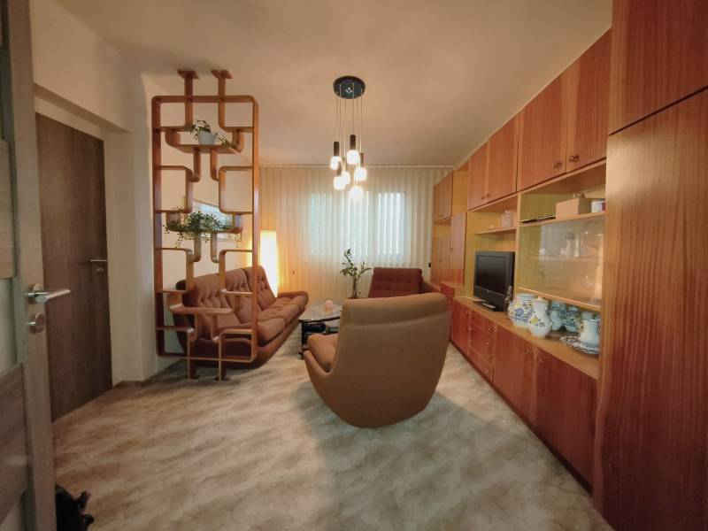 Wohnzimmer in einer 3-Zimmer-Wohnung mit braunem Sofa und Holzmöbeln.