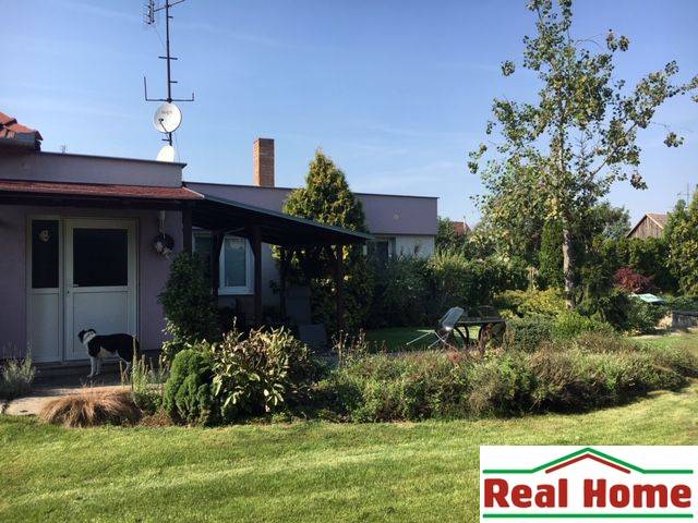 Ein Einfamilienhaus in Čierna Voda mit Garten, Hund und angrenzender Terrasse zum Entspannen.