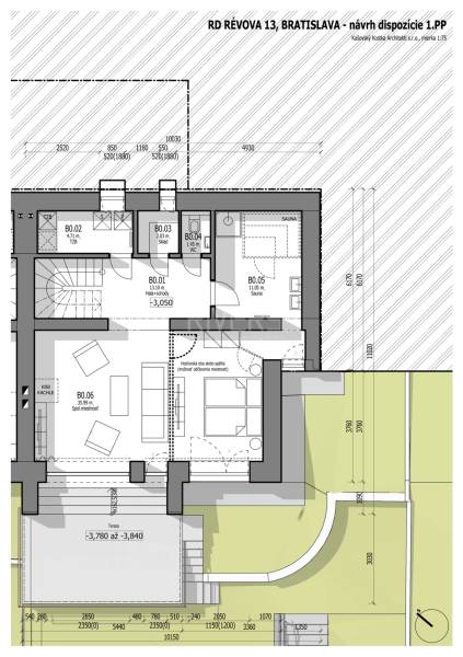 Grundriss des Kellers eines Einfamilienhauses mit Raumaufteilung und Sauna in der Révová-Straße.