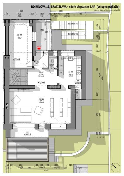 Grundriss des zweiten Obergeschosses eines Einfamilienhauses mit Garage und Wohnräumen.