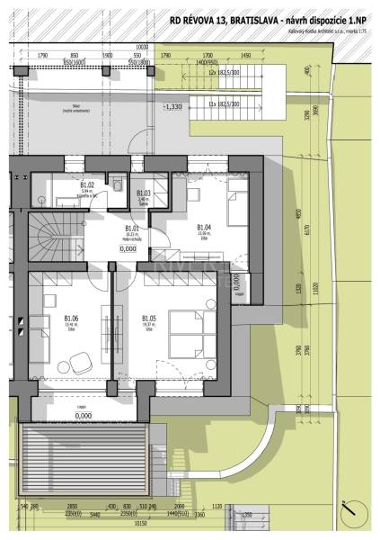 Grundriss des 1. Stocks eines Einfamilienhauses mit Zimmern in der Révová in Bratislava - Altstadt.