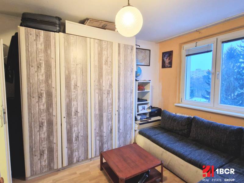 Einzimmerwohnung mit Holzboden, Sofa, Schränken und Tisch. Minimalistisches Interieur.