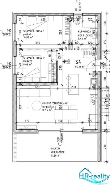 Grundriss einer Ferienwohnung mit zwei Schlafzimmern, einem Badezimmer und einem Balkon.