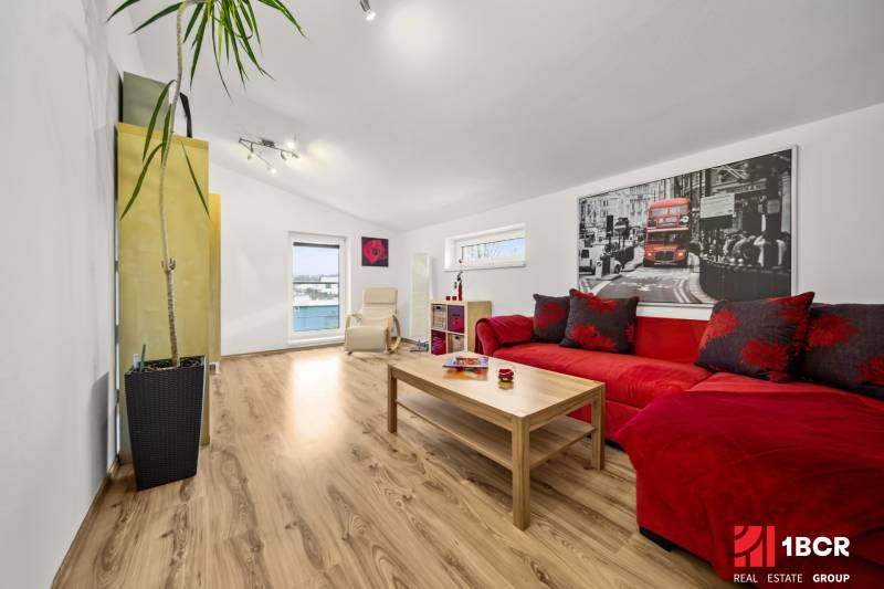 Wohnzimmer mit Holzboden, rotem Sofa und großer Pflanze.