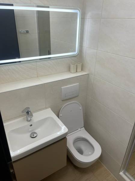 Badezimmer in einer Einzimmerwohnung mit Waschbecken, Spiegel und WC. Boden mit Holzdekor.