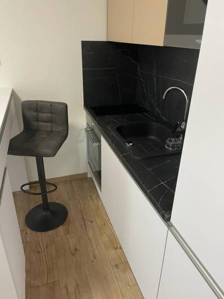 Küche in einer Einzimmerwohnung mit schwarzer Arbeitsplatte und Boden in Holzoptik.