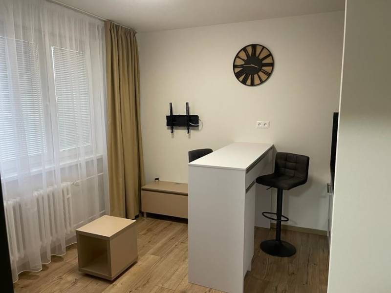 Innenraum einer Einzimmerwohnung mit Tisch, Stühlen und Boden in Holzoptik.