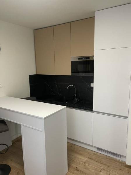 Küchenzeile in einer Einzimmerwohnung mit schwarzer Verkleidung und Boden in Holzoptik.