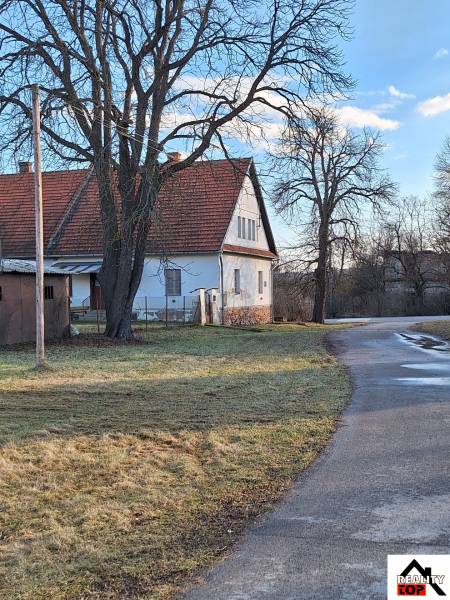 Ein Einfamilienhaus in Orávka mit rotem Dach, einem großen Baum und einer kurvenreichen Straße.