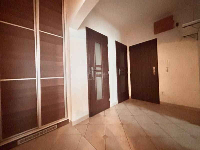 Der Flur in einer 3-Zimmer-Wohnung mit dunklen Türen und einem Einbauschrank.