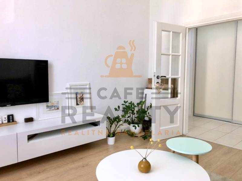 Wohnzimmer in einer 2-Zimmer-Wohnung mit Fernseher, Tisch und Boden in Holzoptik.